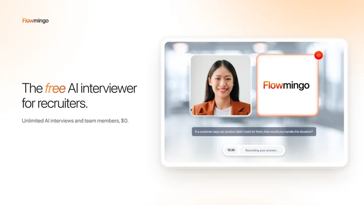 A cover image from the kit: the free AI interviewer for recruiters, with the Flowmingo interview screen
