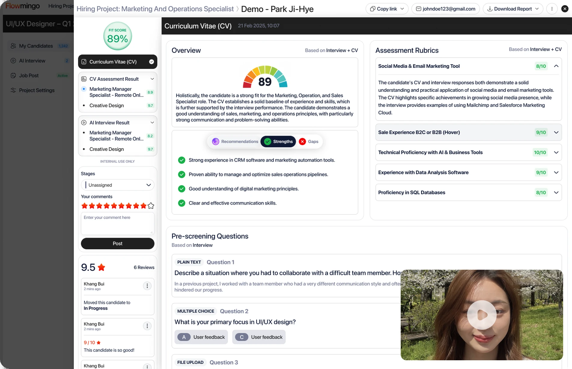 A Flowmingo candidate assessment report, showing the fit score, CV and assessment rubrics